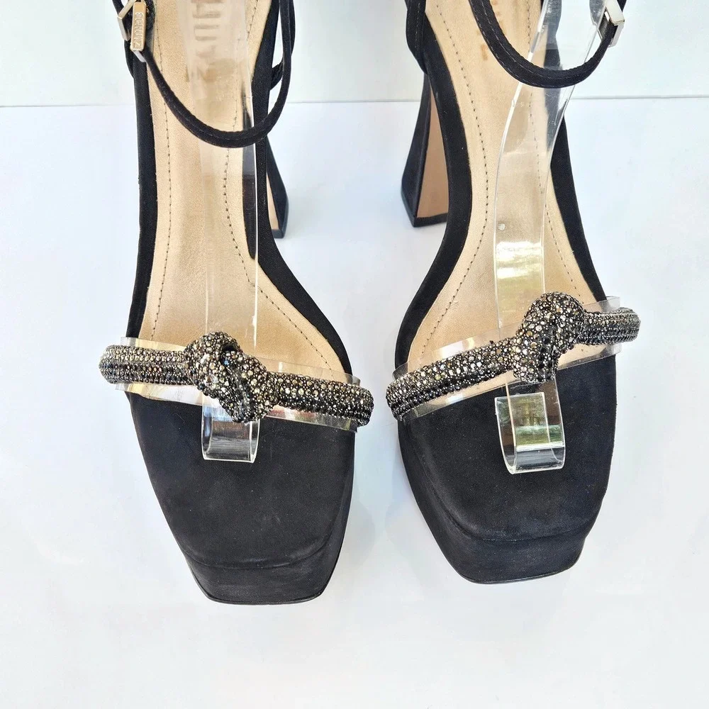 Schutz Peaky Black Suede Rhinestone Transparent Platform Sandal Heels Womens 7.5